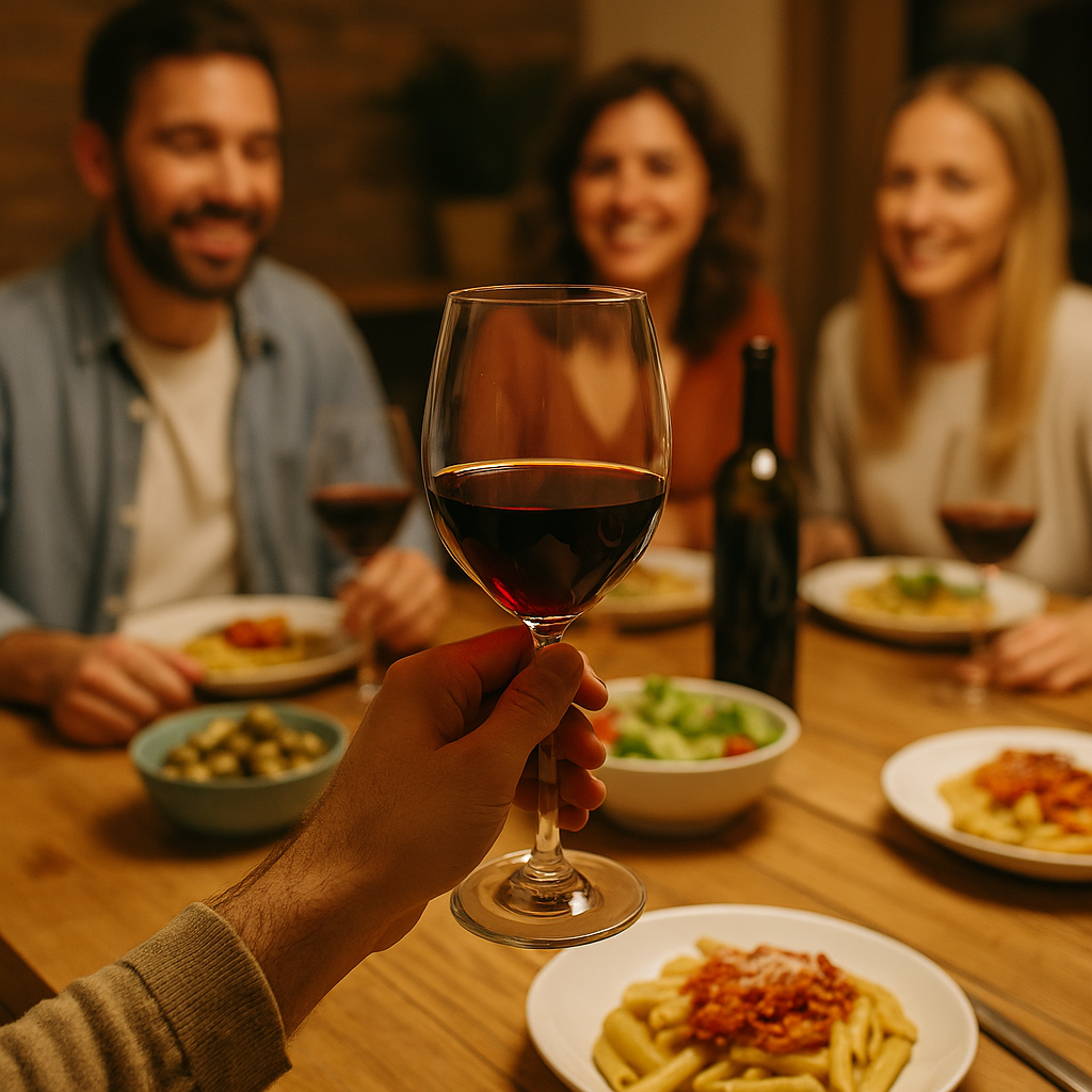 Uma foto acolhedora: taça na mão, mesa posta, ambiente descontraído.